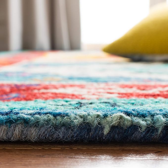 SAFAVIEH Aspen Collection Area Rug - 7' Square, Blue & Rust, Handmade Boho Tribal Wool, Ideal for High Traffic Areas in Living Room, Bedroom (APN525M)