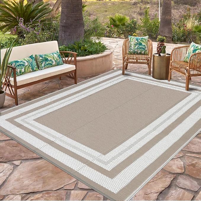 Garvee Outdoor Rug 9x18 Outdoor Patio Rug Reversible Plastic Straw Rugs Waterproof Foldable Mat Easy Clean Lightweight Carpet for Backyard Camping Porch RV Beach Balcony Deck Picnic Panel Grey Brown