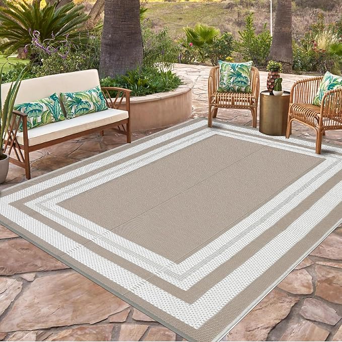 Garvee Patio Rug 10x20 Outdoor Rug Plastic Straw Rugs Lightweight Carpet Waterproof Reversible Mat Easy Clean Foldable Large Camping Rugs for Backyard Porch Beach Balcony Deck Picnic Panel Grey Brown