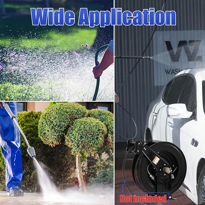 FIXFANS High Pressure Washer Hose Reel for Water/Air/Oil, 50 FT X 3/8" or 100 FT X 1/4" Steel Dual Arm Auto-Retractable Power Wash Hose Reel, Heavy Duty Hose Reel 4000 PSI