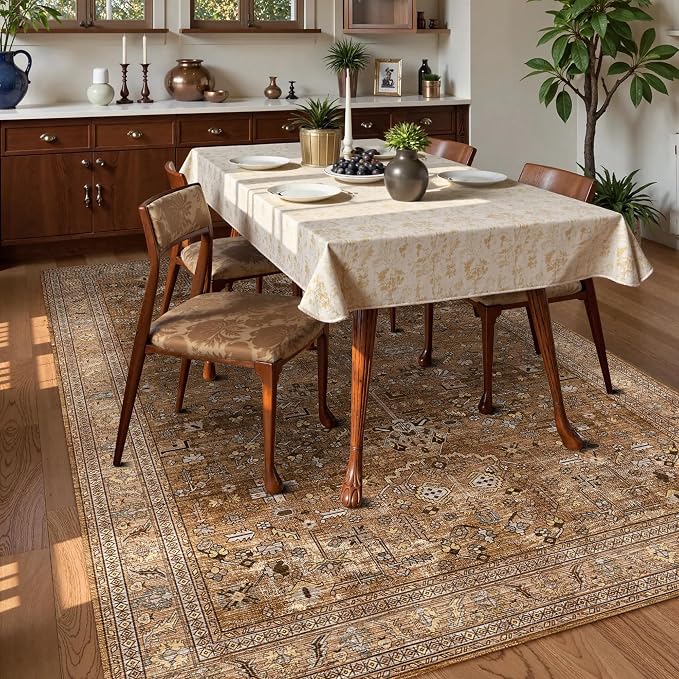 Washable Area Rug 6' x 9' Vintage Traditional Persian Mat - Foldable Distressed Non-Slip Machine Washable Carpet for Living Room Bedroom Kitchen Home Decor - Bronze and Ivory