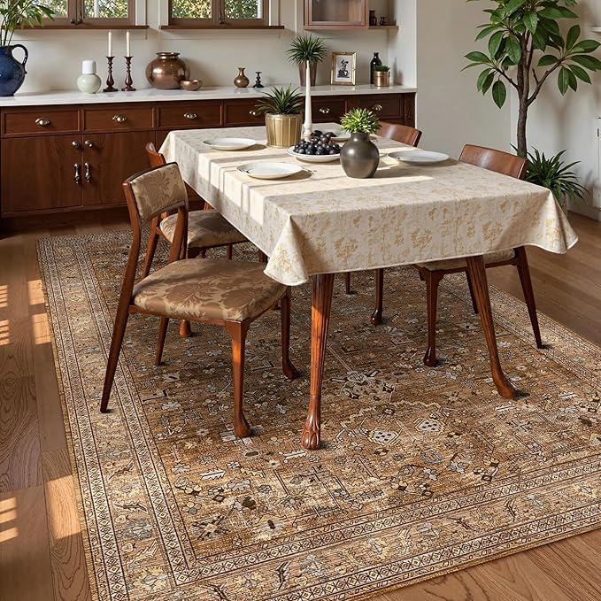 Washable Area Rug 4' x 6' Vintage Traditional Persian Mat - Foldable Distressed Non-Slip Machine Washable Carpet for Living Room Bedroom Kitchen Home Decor - Bronze and Ivory