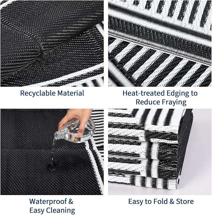 Garvee Outdoor Rug 9x18 Outdoor Patio Rug Reversible Plastic Straw Rugs Waterproof Foldable Mat Easy Clean Lightweight Carpet for Backyard Camping Porch RV Beach Balcony Deck Picnic Border Black