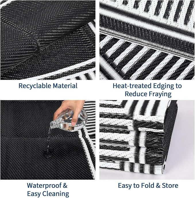 Garvee 10x14 Patio Rug Outdoor Plastic Straw Rug Easy Clean Lightweight Carpet Waterproof Reversible Mat Foldable Large Camping Rugs for Backyard Balcony Deck Porch RV Beach Picnic Border Black