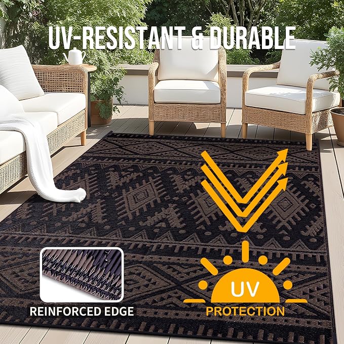 OLANLY Outdoor Rug Waterproof 6x9 ft, Reversible Outdoor Plastic Straw Rug, Boho Patio Rug, Indoor Outdoor Carpet, RV Mat Outside for Patio, Camp, Picnic, Balcony, Deck, Backyard, Black & Brown