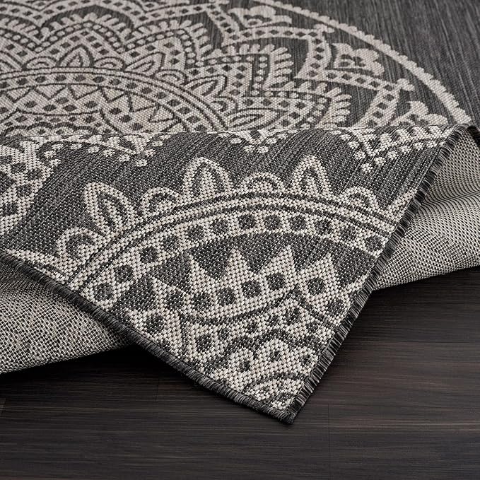 CAMILSON Outdoor Rug 9x12 Modern Area Rugs for Large Indoor and Outdoor Patios and Porches - Washable, Non-Shedding, Easy-to-Clean Outside Carpet (9 x 12, Medallion - Dark Grey/Light Grey)