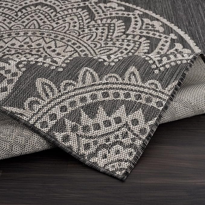 CAMILSON Outdoor Rug 6x9 Modern Area Rugs for Indoor and Outdoor Patios and Porches - Waterproof Washable Non-Shedding Easy-to-Clean Outside Carpet (6 x 9, Medallion - Dark Grey/Light Grey)
