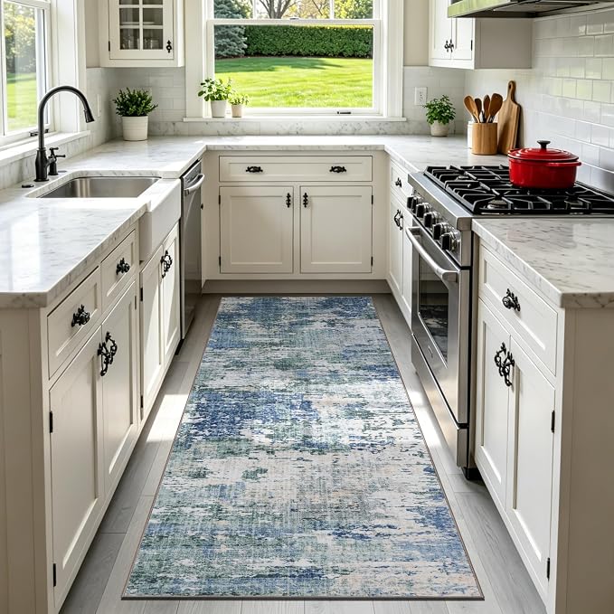 Sasttie 2x6 Runner Rug, Modern Abstract Hallway Carpet, Blue & Green | Machine Washable, Ultra-Soft Faux Wool, Low Pile, Non-Slip, Thin, for Entrance, Entryway, Kitchen & Laundry Room