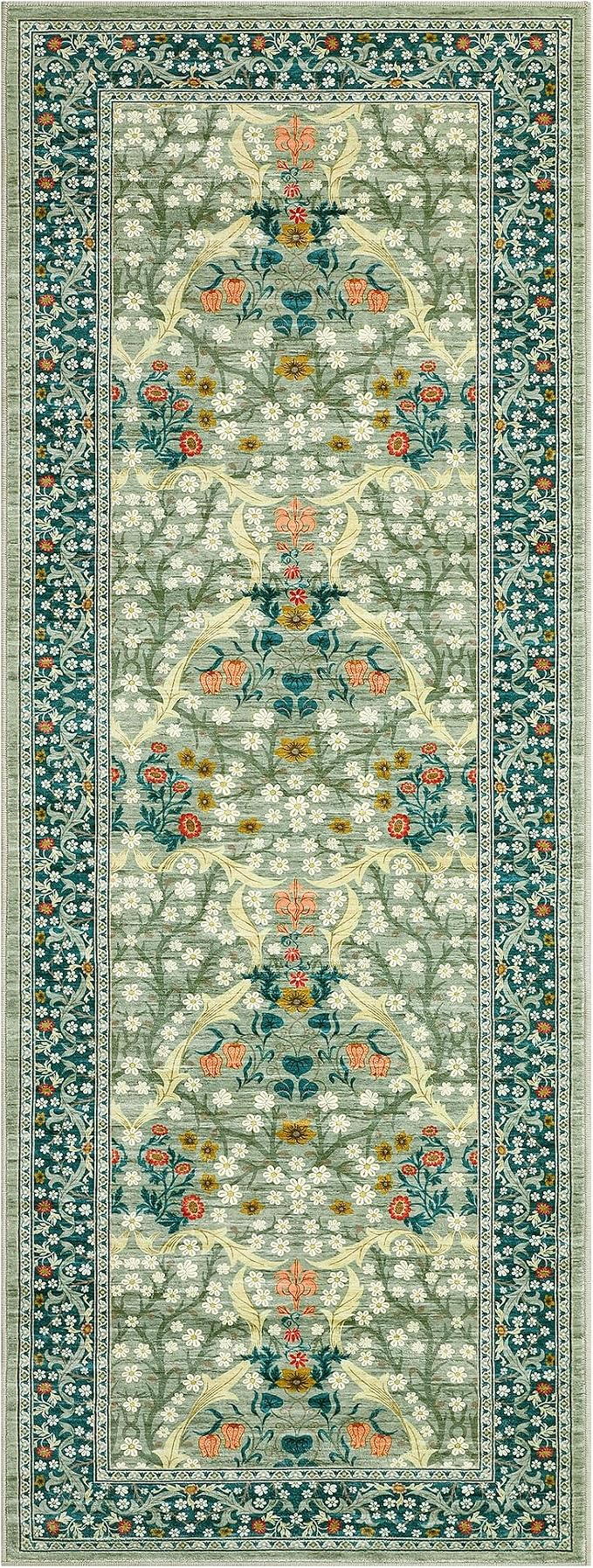 GarveeHome Floral Hallway Runner Rug, 2.5x8 Kitchen Runner Rugs, Washable Non Slip Entryway Rugs Indoor, Ultra-Thin Stain Resistant Carpet Floor Mat for Laundry Room, Sage Green