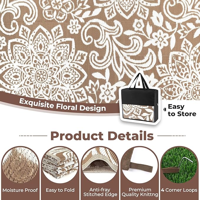 Findosom Waterproof Outdoor Rug 9' x 12' - Reversible Mandala Outdoor Plastic Straw Rug, Durable Foldable Patio Rug for RV, Deck, Balcony, Backyard, Picnic, Porch, Camping, Beach, Brown