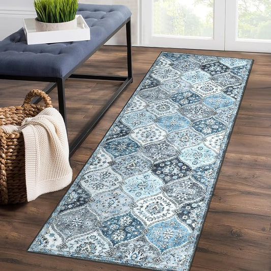 ROYHOME Hallway Runner Rug 2x8 Washable Moroccan Trellis Runner Rug | Stain Resistant Non-Slip Floor Cover Vintage Distressed Entrance Carpet for Laundry Kitchen Entryway Bedroom, Blue/Grey