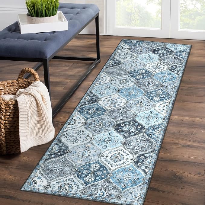 ROYHOME Runner Rug Washable Moroccan Trellis Hallway Runner Rug 2' x 6' | Stain Resistant Non-Slip Vintage Distressed Entryway Rug Bedroom Rug Runner Entrance Carpet for Laundry Kitchen, Blue/Grey