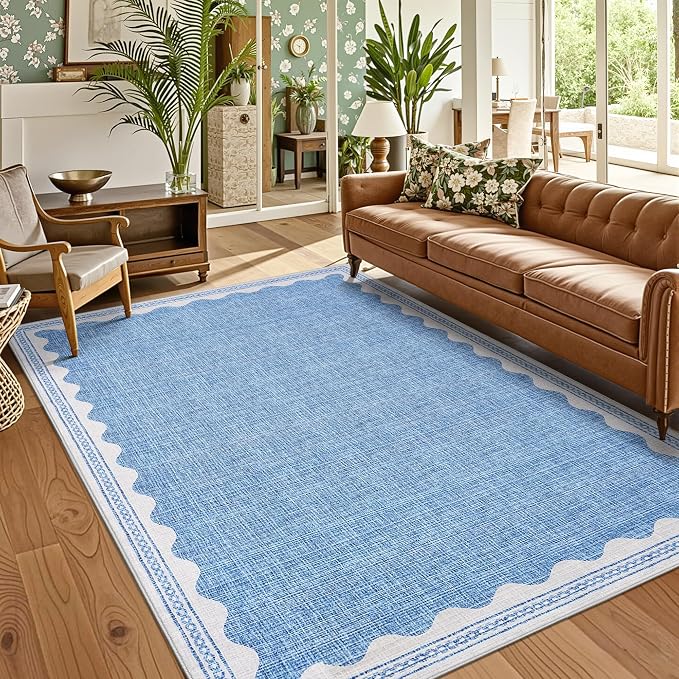 GarveeHome Scalloped Blue Washable Area Rug 6x9 Rugs for Living Room Soft Low-Pile Solid Large Carpet for Bedroom Dining Nursery Non Slip Mat with Rubber