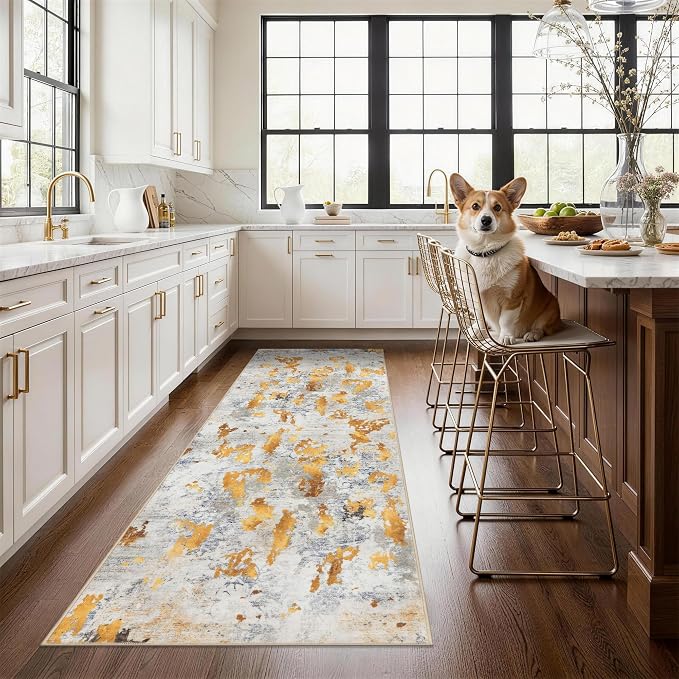 Gold Runner Rugs for Hallway: Abstract Washable Runner Rug 2x6 for Entryway Kitchen Bedroom Bathroom - Modern Cozy Home Decor Long Carpet Mat Stain-Resistant