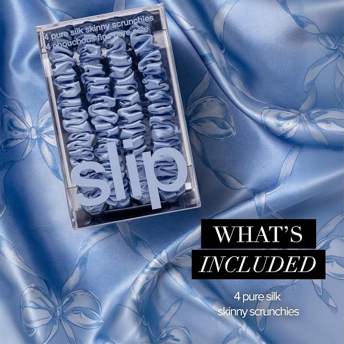 Slip Silk Hair Ties — Skinny Silk Cornflower Scrunchies, No Damage, No Crease, Anti-Breakage |100% Mulberry Silk | All Hair Types | Made with Proprietary Slipsilk™ | Set of 4