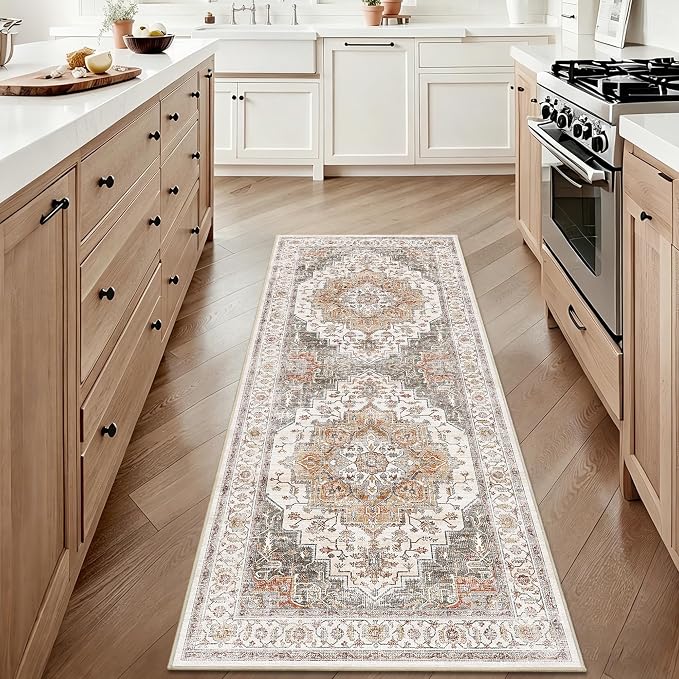 2x5 Vintage Runner Rug Low Pile Non-Slip Washable Kitchen Rug | Retro Distressed Print Rug Orange Gray Carpet Stain Resistant Non-Shedding Long Rug for Hallway Kitchen Bedroom Laundry Room