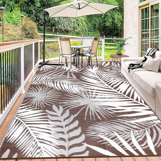 Outdoor Rugs 9'x12' for Patios Clearance Brown Reversible Outdoor Rug, Outdoor Plastic Straw Rug RV Camping Rug Large Outdoor Mat for RV, Patio, Backyard, Deck, Picnic, Beach, Trailer, Camping