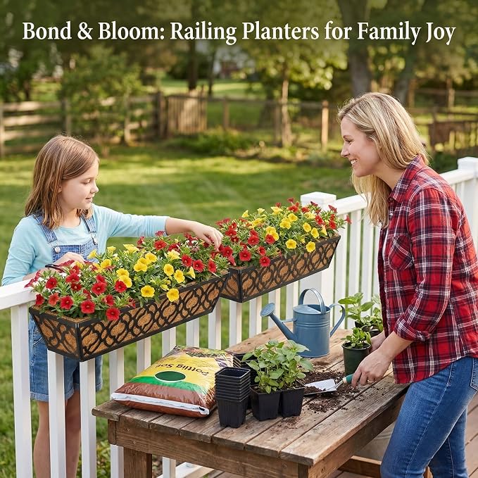 24 Inch Railing Planter Box with Coco Liner, Adjustable Metal Hanging Planter, Window Box for Balcony Deck Fence, Outdoor Flower Box Black, 6 Pack