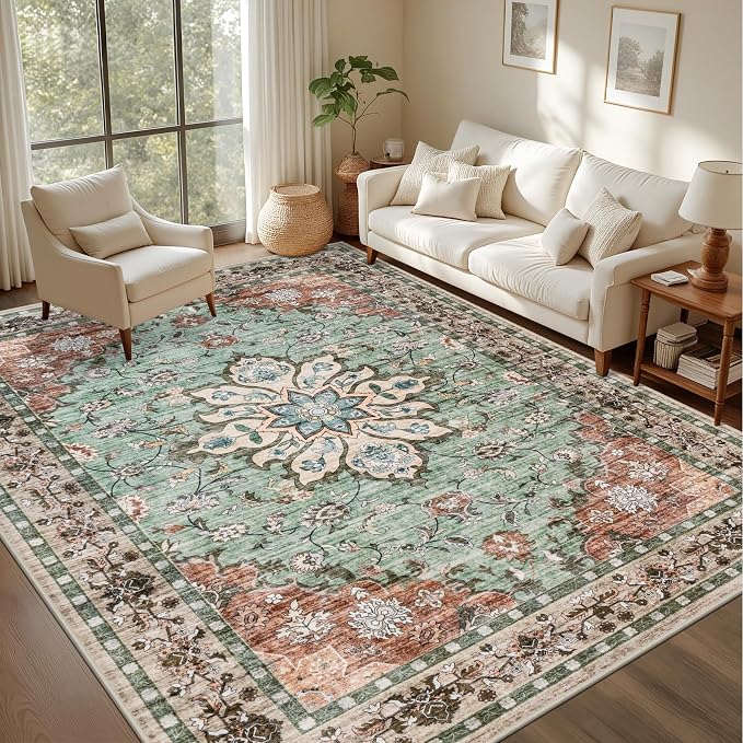 3x5 Area Rugs Living Room: Washable Rug for Bedroom Brown Green | Boho No Slip Stain Resistant Rug Soft Indoor Decor Floor Floral 3x5 Area Rugs for Dining Room, Nursery, Hallway, Home Office