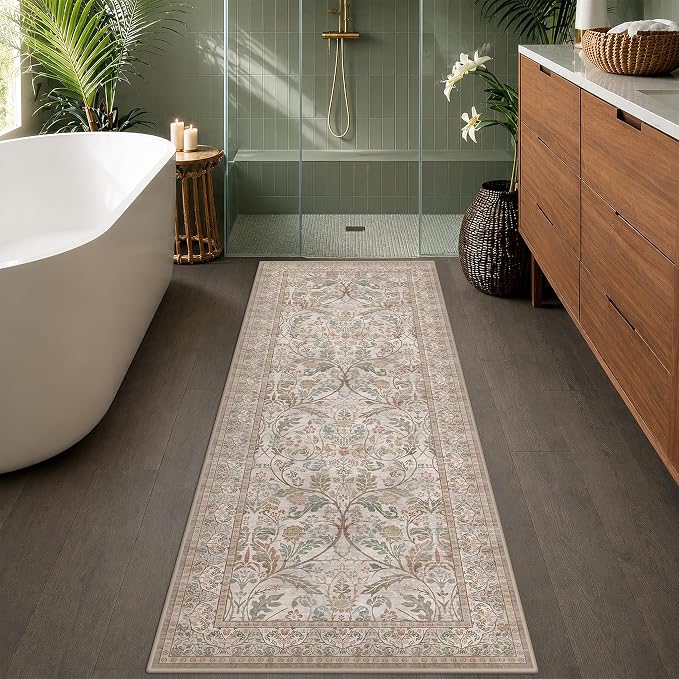 Traditional Floral Moss 2x5 Bathroom Runner Rug Non Slip - Washable Low Pile Kitchen Runner, Thin Neutral Taupe Green Vintage Decor Floor Carpet for Bedroom, Laundry Room, Entrance