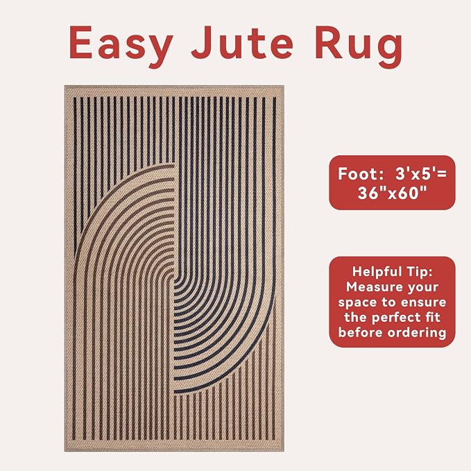 Tangsoo Easy Jute 3x5 Rug for Living Room,Non-Slip Thin Dark Brown Rainbow Indoor Outdoor Area Rug,Washable Boho Farmhouse Carpet for Front Porch Bedroom Patio Entryway
