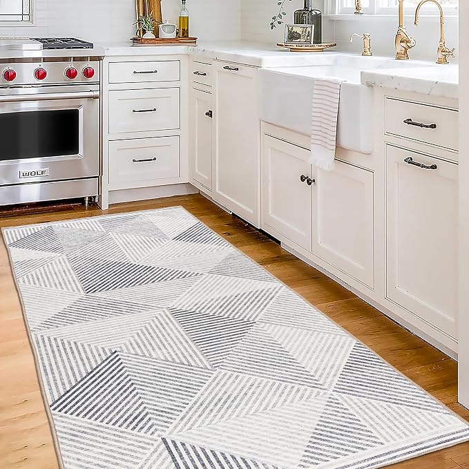 Machine Washable Area Rug Runner - Living Room Bedroom Bathroom Kitchen Entryway Office - Padded Low Pile Stain Resistant Premium - Modern Geometric Contemporary - Miles - Gray 2'6" x 8'