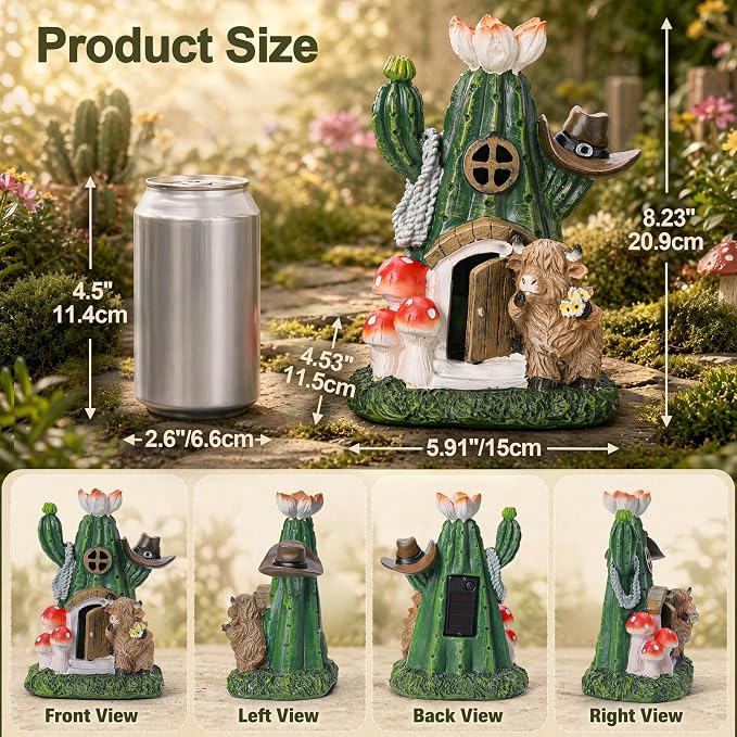 Fairy House Outdoor Figurine Lights, Highland Cow Garden Statue and Solar Cactus Mushroom House for Yard Patio Lawn Decor, Fairy Houses for Outside, Unique Garden Gifts for Women Mom