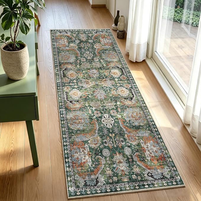 Washable Area Rugs - Perfect for Living Room, Bedroom, Kids Room, Nursery - Stain & Water Resistant Non-Slip, Pet & Child Friendly, Vintage Tribal Area Rugs (Green, 2'6'' x 8')
