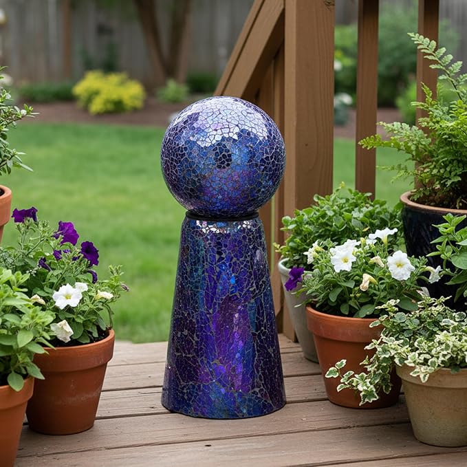 Sunnydaze Glass Gazing Ball Stand for Outdoors, Iridescent Purple | Outdoor Mosaic Sphere Holder & Pedestal for Backyard or Patio Decoration, 11" Tall Gazing Globe Stand, Fits 10-12 in Balls