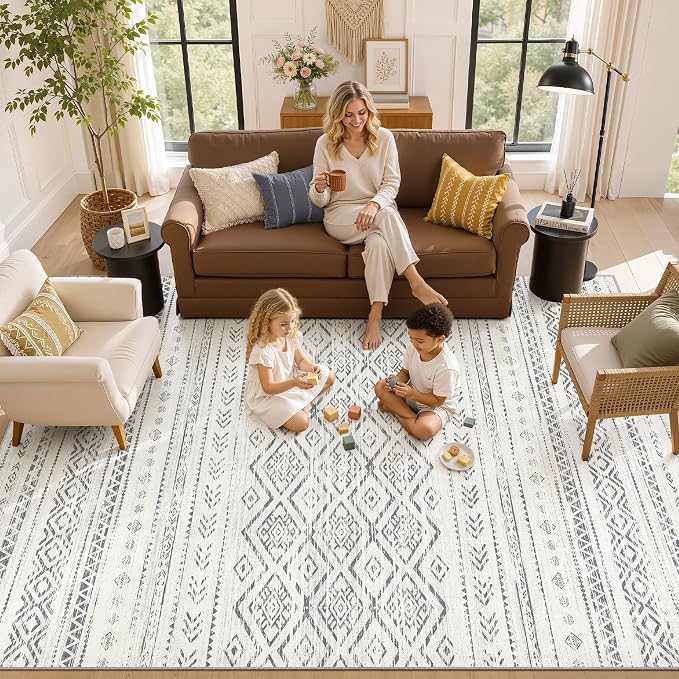 Nakagishi Area Rug Living Room Rugs: 5x7 Large Soft Machine Washable Boho Moroccan FarmNeutral Stain Resistant Indoor Floor Carpet for Bedroom Under Dining Table Home Office Decor-Grey