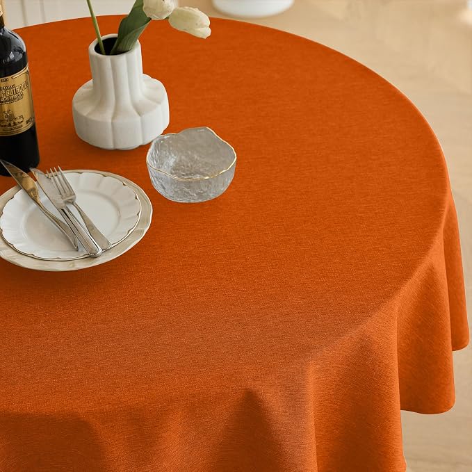 Decorelia Faux Linen Fall Round Tablecloths 60 inch, Waterproof Decorative Washable Texture Rustic Circle Table Cloth Cover for Dining Kitchen Party Farmhouse Outdoor(60 Inch,Round (2-4 Seats),Rust)