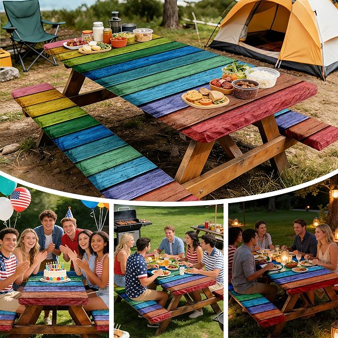 NYZE 3 Pieces Rainbow Stripeds Picnic Table Cover with Bench Covers Set, Elastic Edge Camping Tablecloth, Tablecloth Cover with Drawstring Bag, Camping Essentials for Outdoor Picnics, Patio, BBQ