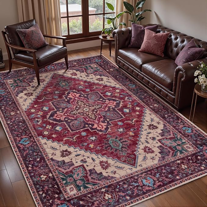 Tangsoo Oriental 4x6 Washable Area Rug for Living Room, Non Slip Rug | Vintage Machine Washable Large Rug Carpet, Boho Soft Low Pile Foldable Indoor 4x6 Rug for Dining Room Bedroom Burgundy
