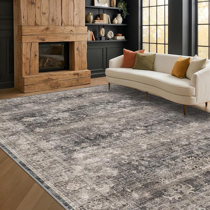 Farmhouse Charcoal Stone 6x9 Rug for Dining Room, Modern Large Area Rugs for Living Room, Boho Washable Rug for Bedroom with Distressed Geometric Design, Stain Resistant Low Pile Non-Slip