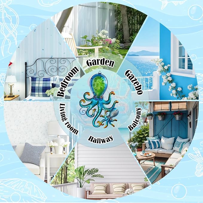 JOYBEE HOME&GARDEN Octopus Wall art Decor-Outdoor Indoor Coastal Hanging Art-Ocean Theme Decor for Patio Backyard Yard Fence pool Bathroom Living room-Costal Decorations(BLUE)