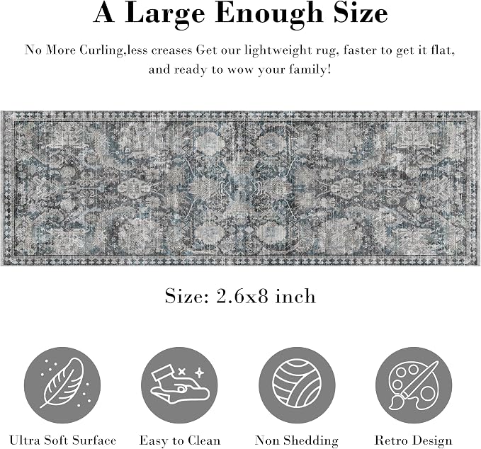 Washable Area Rugs - Perfect for Living Room, Bedroom, Kids Room, Nursery - Stain & Water Resistant Non-Slip, Pet & Child Friendly, Vintage Tribal Area Rugs (Grey and Bule, 2'6'' x 8')