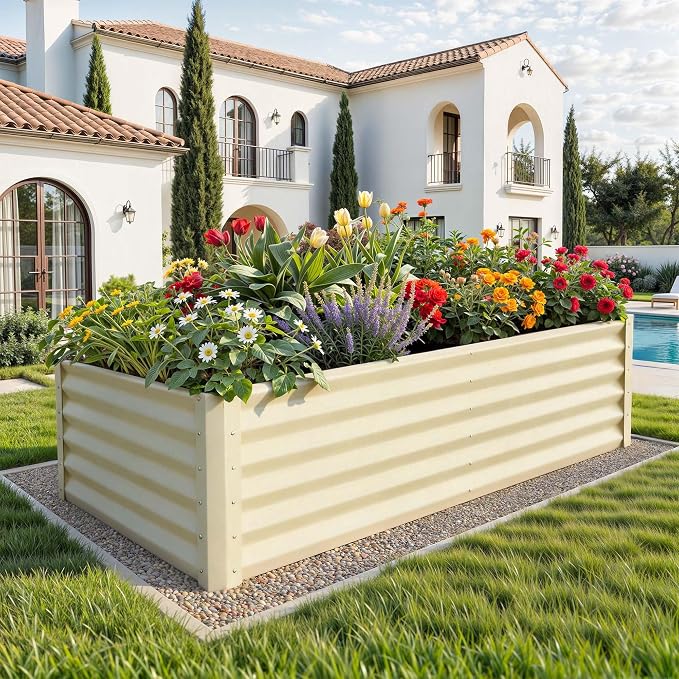 YITAHOME 6x3x3ft Galvanized Raised Garden Bed, Metal Planter Box with Safety Rubber, Gloves, Outdoor Flower Bed for Planting Plants Vegetables, Cream Yellow