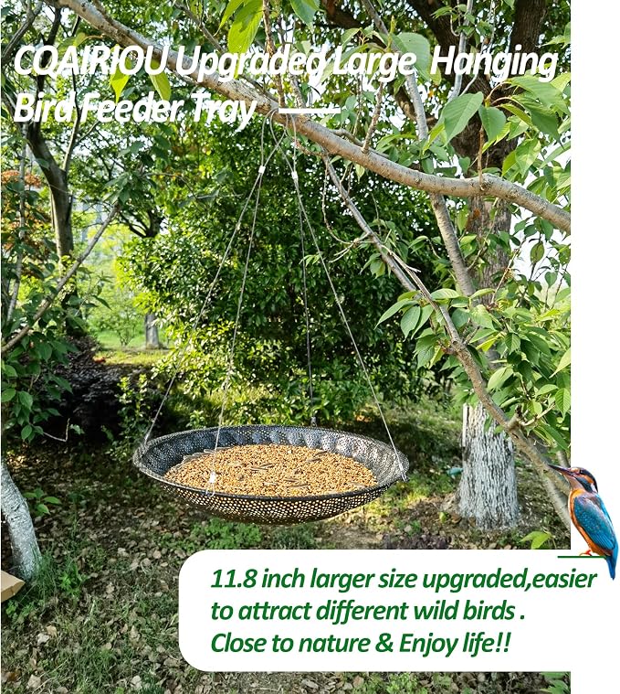 CQAIRIOU Upgraded Hanging Bird Feeder Tray (2 Sets),11.8” Stainless Steel Large Platform Open Bird Seed Tray for Outside Wild Birds