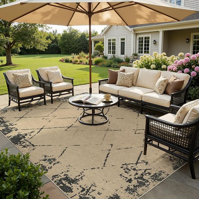 UERMEI 6x9 Outdoor Jute Area Rug Patio Neutral Washable Modern Brown | Easy Non Slip Pet Friendly Indoor Farmhouse Carpet for Living Room Bedroom Dining Backyard