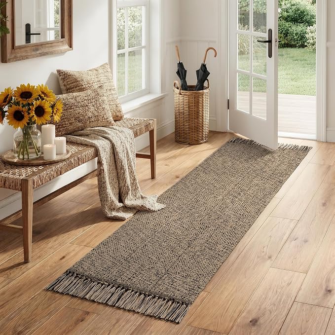 Farmhouse Hallway Runner Rug, 2x6 Hand-Woven Reversible Washable Runners for Kitchen Floor, Natural/Black Cotton Laundry Room Rugs Modern Boho Kitchen Sink Carpet for Bathroom Foyer Bedroom | Farmhouse Hand-Woven Laundry Room Rugs, Natural/Black Modern...