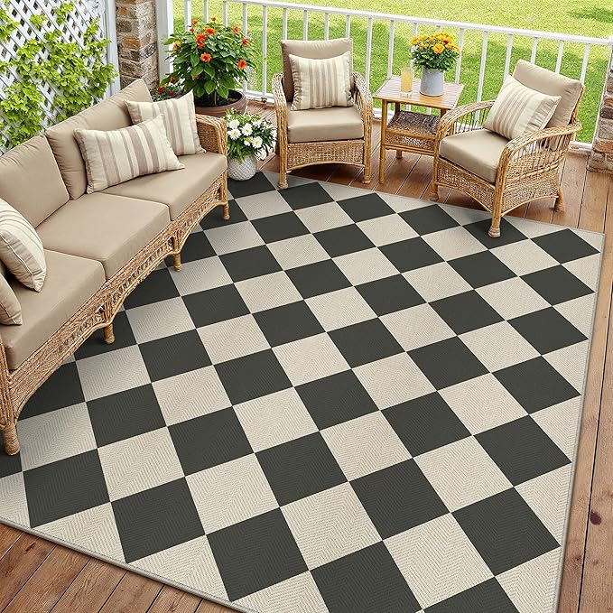 PureCozy 8x10 Checkered Chevron Pattern Area Rug for Living Room Large Checkerboard Washable Indoor Outdoor Carpet Farmhouse Patio Office Mat Geometric Non Slip Black Carpet for Backyard Dining Room