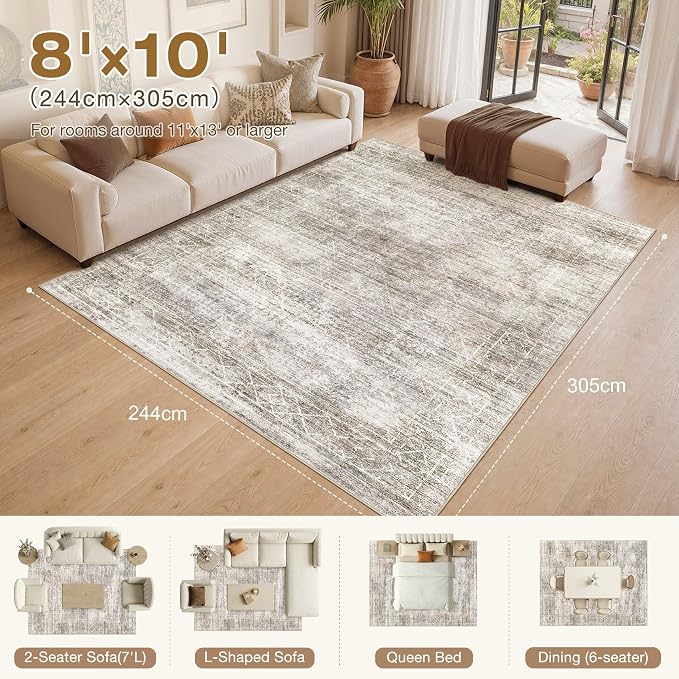 cotiled Boho 8x10 Area Rugs for Living Room: Large Moroccan Washable Rug | Solve Modern Neutral Trendy Home Decor - Stain Resistan Carpet for Bedroom Farmhouse Dining Room Brown Grey