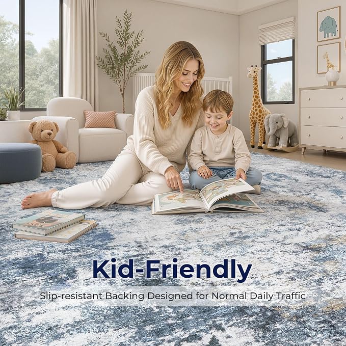 DMOYEST 8x10 Area Rug for Living Room Washable Abstract Indoor Carpet | Neutral Modern Low Pile Rugs Kid & Pet Friendly Large Soft Thin Carpet for Bedroom Dining Room - Blue