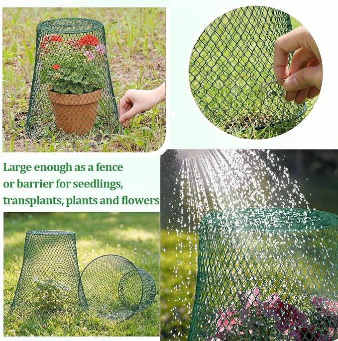Therwen 15 Pcs Large Plant Wire Cloche 11 x 12 Inch Metal Garden Cloche with Garden Stakes Plant Protector from Animals for Keeping Bunnies Chicken Squirrels Birds (Green)