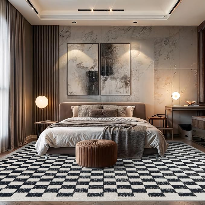 Rugshop Contemporary Checkered Grid Contrast Area Rug Black 7' 10" x 10' | Rectangular, Size 7' 10" x 10', Living Room, Bedroom, Dining Room, Home Office, Kitchen, Entryway, Hallway, Nursery, Bedside
