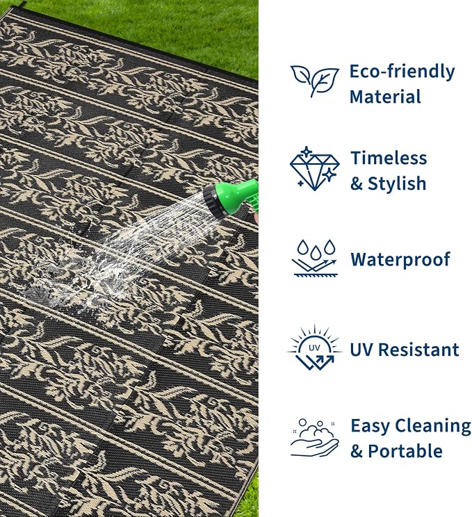 Garvee Outdoor Rugs 9x12 Waterproof Reversible Mat Boho Leaf Patio Rug with 4 Stakes and Starage Bag, Large Outdoor RV Mat Rugs for Camping, Picnic, Balcony, Deck, Backyard, Black & Brown
