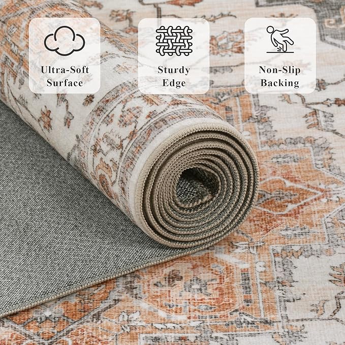 3x12 Vintage Runner Rug Low Pile Non-Slip Washable Kitchen Rug | Retro Distressed Print Rug Orange Gray Carpet Stain Resistant Non-Shedding Long Rug for Hallway Kitchen Bedroom Laundry Room