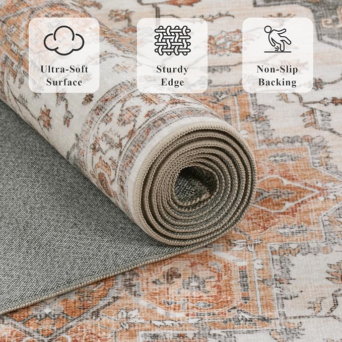 2’6″x 8’ Vintage Runner Rug Low Pile Non-Slip Washable Runners | Retro Distressed Print Rug Orange Gray Carpet Stain Resistant Non-Shedding Long Rug for Hallway Kitchen Bedroom Laundry Room