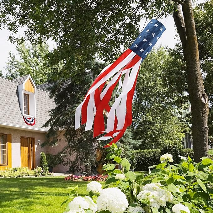 HOOSUN 4th Of July Decorations,40 Inch American Windsock,American Wind Socks for Outside Heavy Duty,Patriotic Memorial Day Decor USA Flag Windsocks With Embroidered Stars,Red White and Blue Windsock