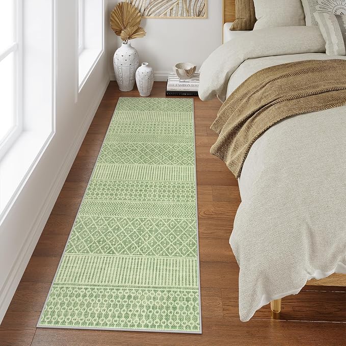 Lahome Farmhouse Washable 2x6 Kitchen Runner Rug, Non-Slip, Sage Green | Boho Textured Neutral, Low-Pile, Geometric Pattern, Modern, Moroccan, Entryway Hallway Runner Kitchen Bathroom Laundry Room